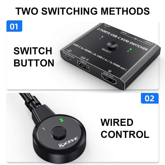 USB Type C KVM Switch 4K 60Hz 2-Port Type C To HDMI Switcher For 2 USB-C Port Laptops Share 1 HDMI Monitor And USB Devices With Wired Remote And USB-C Cable