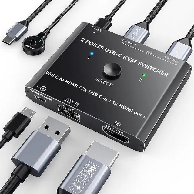USB Type C KVM Switch 4K 60Hz 2-Port Type C to HDMI Switcher for 2 USB-C Port Laptops Share 1 HDMI Monitor and USB Devices with Wired Remote and USB-C Cable