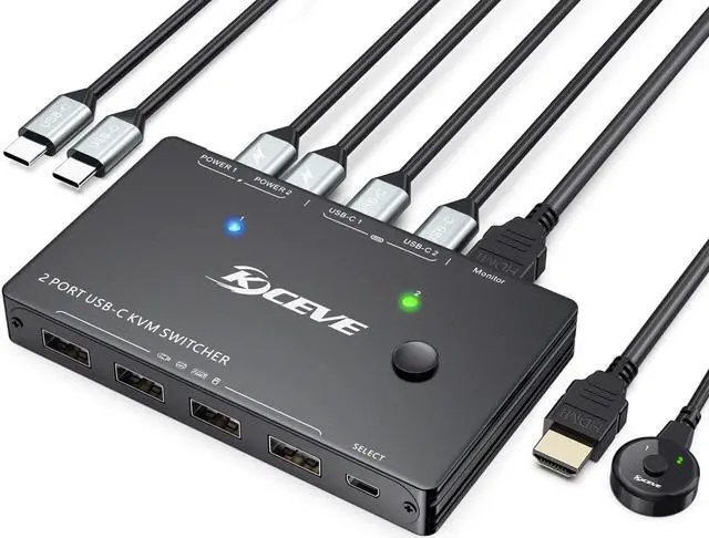 USB Type-C KVM Switch 4K 60Hz USB C Switch for 2 Computers Share 1 Monitor and 4 USB Devices Compatible with Thunderbolt 3 with 100 W Power Delivery Option Wired Remote and 3 Cables Included