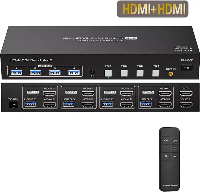 USB3.0 HDMI+HDMI KVM Switch Dual Monitor 4K 60Hz 2K 120Hz USB HDMI KVM Extended Display Switcher for 4 Computers 2 Monitors and 4 USB 3.0 Ports Support Extended & Duplicate Mode