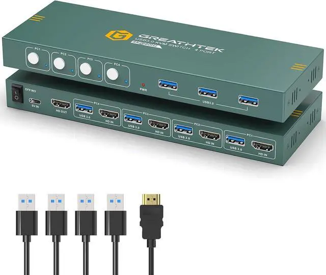 USB3.0 KVM Switch HDMI 4K 60Hz for 4 Computers Share 1 Monitor KVM Switch 4 Port with 3 USB 3.0 Ports Share Keyboard Mouse Support Button Switch Plug and Play