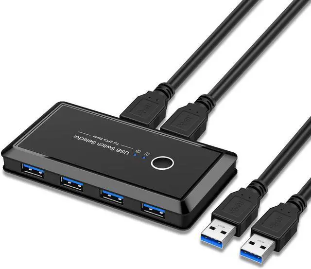 USB3.0 Switcher Selector KVM Switcher 2 Computers Sharing 4 USB Devices USB3.0 Peripheral Switcher Box 2 in 4 Out for Printer Mouse Scanner with One-Button Swapping and 2 Pack Male Cable