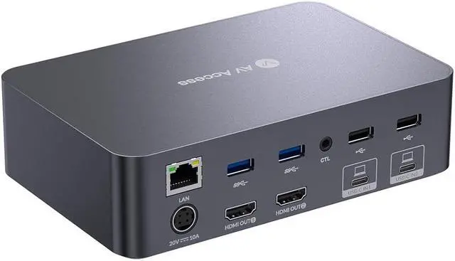 v AV Access iDock C20 USB-C KVM Switch Docking Station for 2 Laptops 4K Dual Monitor EDID Emulation 1G Ethernet