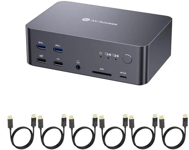 v AV Access iDock D23 8K KVM Switch Docking Station for 2 Computers PCs & 3 Monitors DisplayPort 2.0 1G Ethernet USB 3.0 165/144/120Hz for Gaming