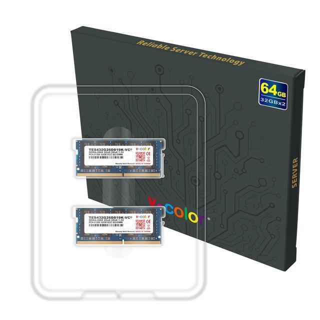 V-COLOR 64GB (2 X 32GB) ECC SO-DIMM DDR4 2666MHz (PC4-21300) For Microservers Workstations Networking Platforms And Embedded Systems 2Rx8 CL19 1.2V (TES432G26D819K-VC)