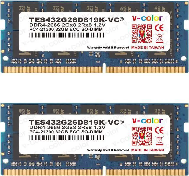 V-COLOR 64GB (2 x 32GB) ECC SO-DIMM DDR4 2666MHz (PC4-21300) for microservers workstations Networking Platforms and Embedded Systems 2Rx8 CL19 1.2V (TES432G26D819K-VC)