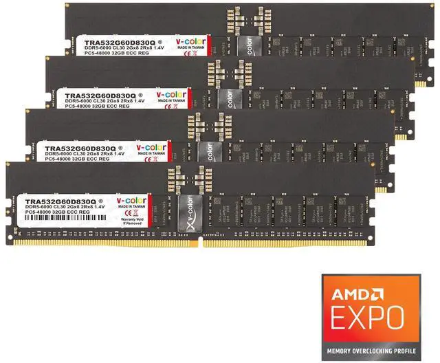 V-Color DDR5 128GB (4x32GB) 6000MHz CL30 2Rx8 Ultra Low-timing OC R-DIMM (Overclocking ECC Registered DIMM) 1.4V Memory Ram for TRX50/WRX90 Workstation (AMD EXPO) (TRA532G60D830Q)
