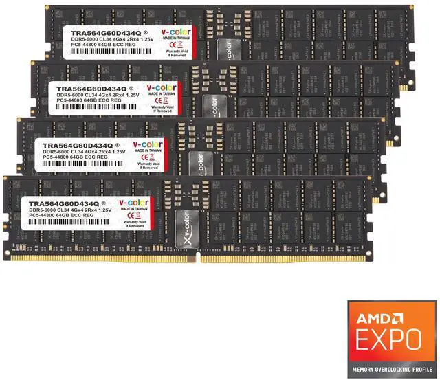 V-COLOR DDR5 256GB (64GBx4) 6000MHz CL34 4Gx4 2Rx4 OC R-DIMM (Overclocking ECC Registered DIMM) 1.25V Memory Ram for TRX50 Workstation (AMD EXPO) (TRA564G60D434Q)