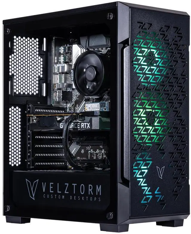 Velztorm Fultix Custom Built Gaming Desktop PC (AMD Ryzen 5-5500 AMD Radeon RX 9060 XT 64GB DDR4 8TB PCIe SSD 750W PSU WiFi 4 Bluetooth 4.2 RJ-45 HDMI Win 11 Home)