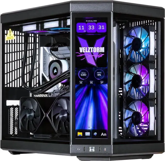 Velztorm LCD Black Praetix Custom Built Gaming Desktop PC (Intel i9-14900K Radeon RX 9070 XT 32GB DDR5 2TB PCIe SSD RGB Fans 360mm AIO 1000W PSU WiFi 6E Bluetooth 5.2 RJ-45 Win 11 Pro)