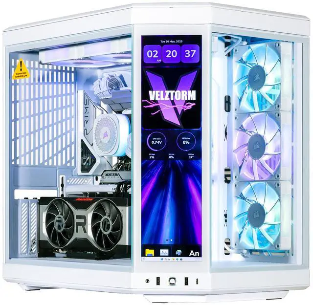 Velztorm LCD Praetix Custom Built Gaming Desktop PC (Intel i9-14900K AMD Radeon RX 9060 XT 32GB DDR5 2TB PCIe SSD RGB Fans 360mm AIO 1000W PSU WiFi 6 Bluetooth 5.2 RJ-45 Win 11 Home)