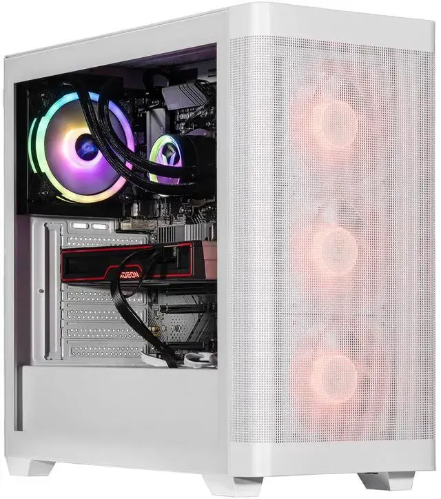 Velztorm White Pilum Custom Built Gaming Desktop PC (AMD Ryzen 7 5700X AMD Radeon RX 9060 XT 32GB DDR4 2TB PCIe SSD RGB Fans 120mm AIO 750W PSU WiFi 5 Bluetooth 5.0 RJ-45 Win 11 Pro)