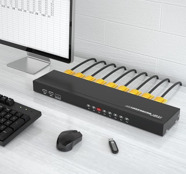 VGA KVM 8 Port USB VGA Rackmount KVM + 8 KVM Cables + 4 USB Hubs + Wired Desktop Selector + Rack Mount Ears