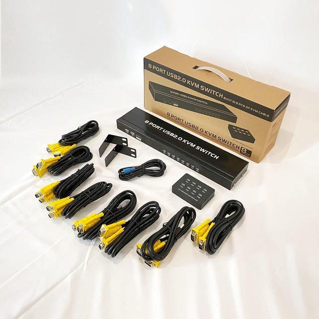 VGA KVM 8 Port USB VGA Rackmount KVM + 8 KVM Cables + 4 USB Hubs + Wired Desktop Selector + Rack Mount Ears