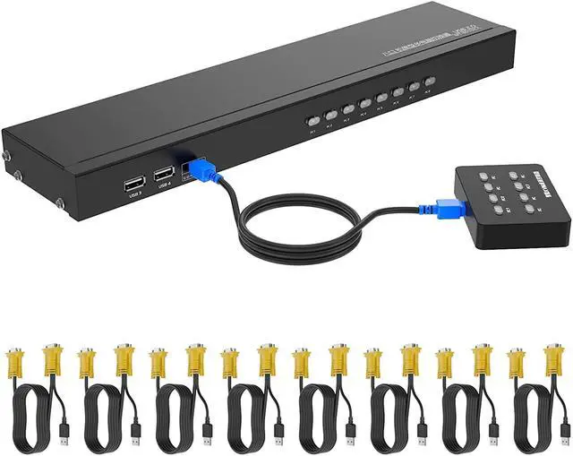 VGA KVM 8 Port USB VGA Rackmount KVM + 8 KVM Cables + 4 USB Hubs + Wired Desktop Selector + Rack Mount Ears