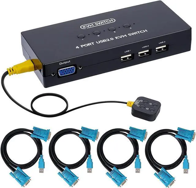 VGA KVM Switch 4 Port USB VGA KVM Switcher for 4 Computers Share one Monitor 3 USB Devices Keyboard Mouse Scanner Printer Including 4 KVM Cables & Desktop Control