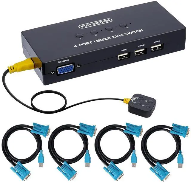 VGA KVM Switch 4 Port USB VGA KVM Switcher for 4 Computers Share 1 Monitor 3 USB Devices Keyboard Mouse Scanner Printer Including 4 KVM Cables & Desktop Control