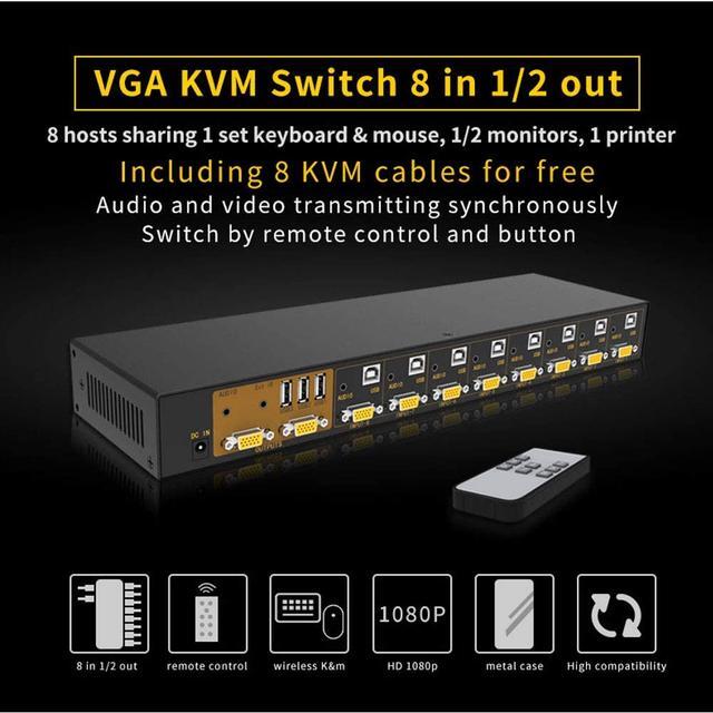 VGA KVM Switch 8 Port 8 In 2 Out Switcher 8x2 VGA Switch Supports Wireless Keyboard And Mouse Audio USB 2.0 Devices Sharing 8 Computers With Remote Control