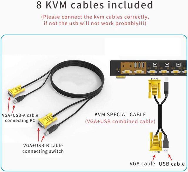 VGA KVM Switch 8 Port 8 In 2 Out Switcher 8x2 VGA Switch Supports Wireless Keyboard And Mouse Audio USB 2.0 Devices Sharing 8 Computers With Remote Control