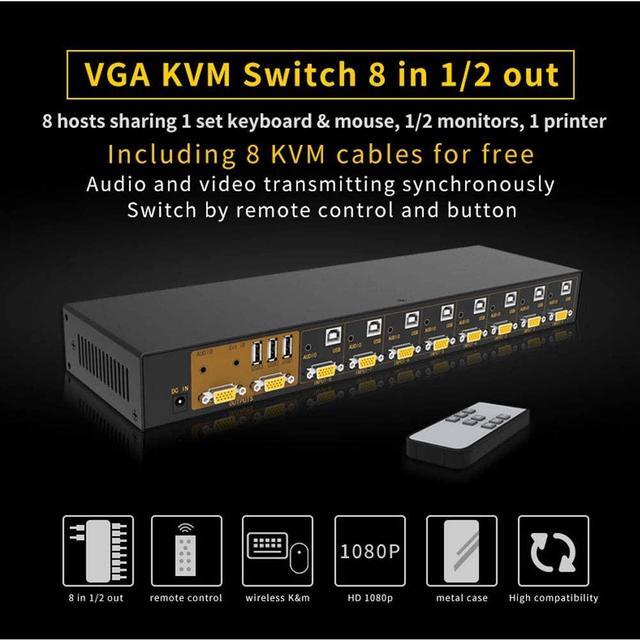 VGA KVM Switch 8 Port 8 In 2 Out Switcher 8x2 VGA Switch Supports Wireless Keyboard And Mouse Audio USB 2.0 Devices Sharing 8 Computers With Remote Control