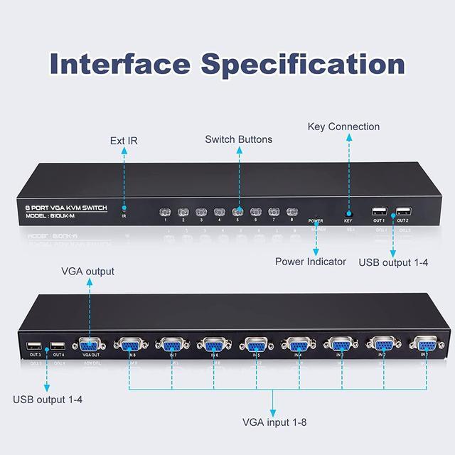 VGA KVM Switch 8 Port USB VGA KVM Switcher For 8 Computers Share 1 Monitor 4 USB Devices Keyboard Mouse Scanner Printer Including 8 KVM Cables Remote Control & Desktop Control
