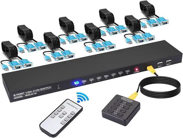 VGA KVM Switch 8 Port USB VGA KVM Switcher for 8 Computers Share 1 Monitor 4 USB Devices Keyboard Mouse Scanner Printer Including 8 KVM Cables Remote Control & Desktop Control