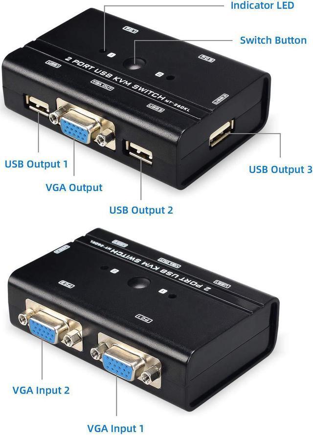 VGA USB KVM Switch 2 Port VGA KVM Switcher Selector With Cables For 2PC Sharing 1 Video Monitor And 3 USB Devices Keyboard Mouse Printer Scanner