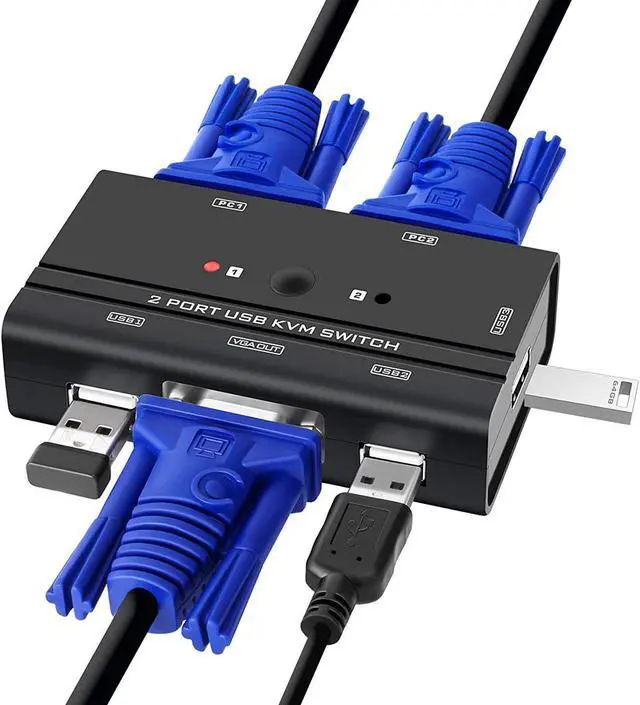 VGA USB KVM Switch 2 Port VGA KVM Switcher Selector with Cables for 2PC Sharing 1 Video Monitor and 3 USB Devices Keyboard Mouse Printer Scanner