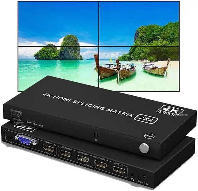 Video Wall Controller 2x2 4K HDMI VGA Video Wall Processor 2x2 1x3 1x4 3x1 4x1 TV Wall Stitching Splicer Display 180° Rotation(with EU Plug)