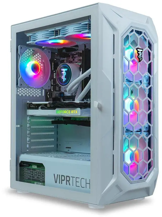 ViprTech Ghost 4.0 Liquid-Cooled PC - AMD Ryzen 7 3700X (4.4Ghz Turbo) RTX 4060 Ti 8GB 32GB DDR4 3200 1TB NVMe SSD VR-Ready Streaming RGB Windows 11 Gaming Desktop Computer White