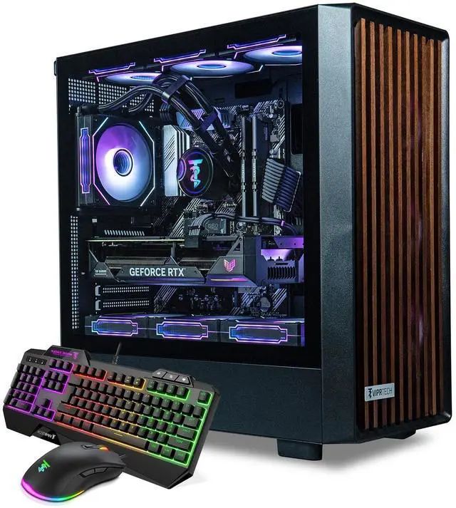 ViprTech Overlord 2.0 Liquid-Cooled Wood PC - AMD Ryzen 7 5700X (4.6Ghz Turbo) RTX 5070 12GB 32GB DDR4 3200 2TB NVMe SSD 800W Gold PSU VR-Ready WiFi BT Win 11 Gaming Desktop Computer Black