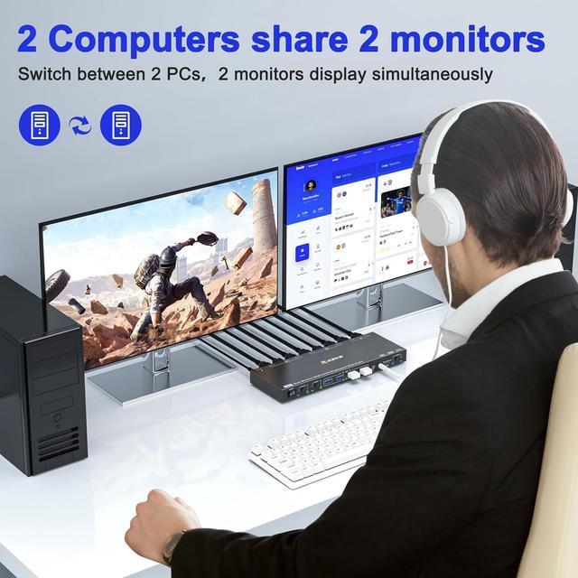 Voice Controlled 2 Port Displayport KVM Switch 2 Monitors 2 Computers 8K 30Hz 4K 144Hz Dual Monitor Display Port KVM Switch With Audio And 4 USB 3.0 Port For Earphone Keyboard Mouse KVM & USB Mode
