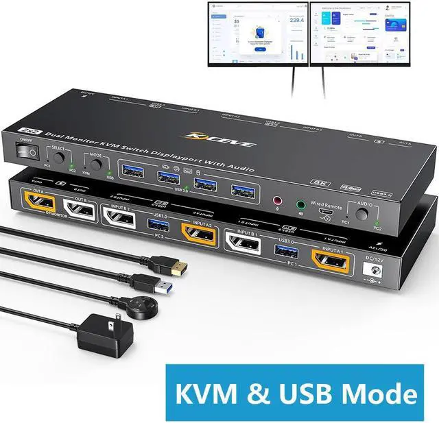 Voice Controlled 2 Port Displayport KVM Switch 2 Monitors 2 Computers 8K 30Hz 4K 144Hz Dual Monitor Display Port KVM Switch with Audio and 4 USB 3.0 Port for Earphone Keyboard Mouse KVM & USB Mode
