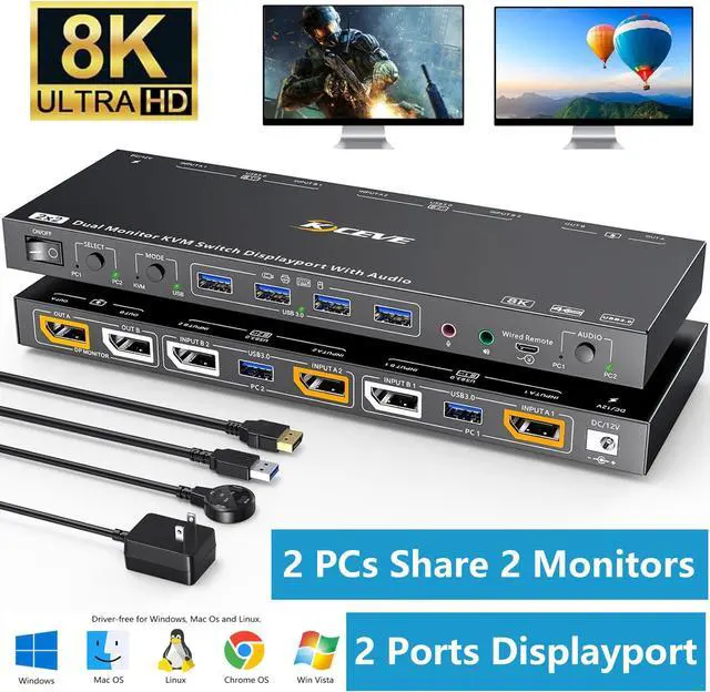 Voice Controlled Displayport KVM Switch 2 Monitors 2 Computers 8K 30Hz 4K 144Hz Dual Monitor Displayport KVM Switch with Audio and 4 USB 3.0 Port for Earphone Keyboard Mouse Support KVM and USB Mode