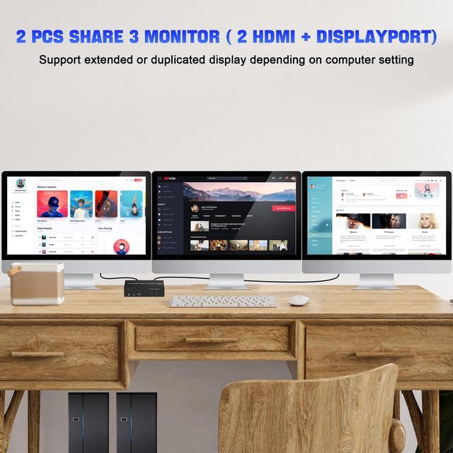 Vszerda 2 HDMI + 1 Displayport KVM Switch 3 Monitor 2 Computers 4K 60Hz Triple Monitor KVM Switch With Audio And 3 USB 3.0 Ports 2 Computers Share 3 Monitors Keyboard Mouse Switcher
