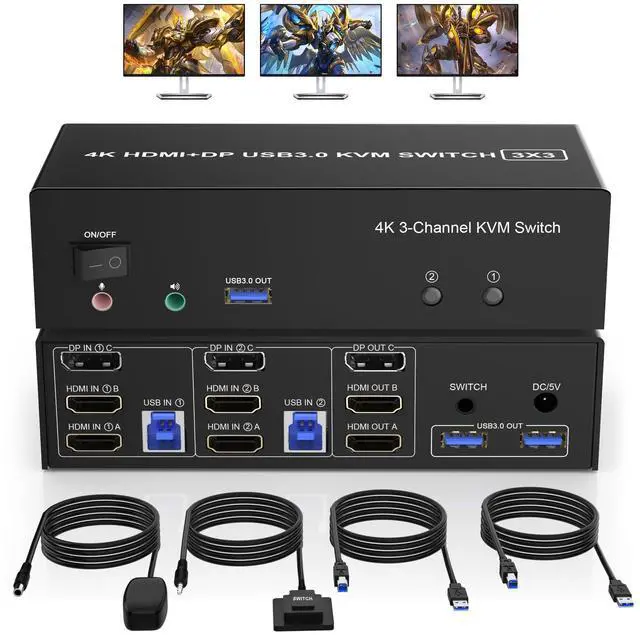 Vszerda 2 HDMI + 1 Displayport KVM Switch 3 Monitor 2 Computers 4K 60Hz Triple Monitor KVM Switch with Audio and 3 USB 3.0 Ports 2 Computers Share 3 Monitors Keyboard Mouse Switcher