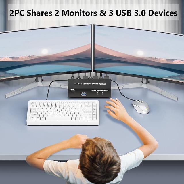Vszerda 2 HDMI Port KVM Switch Dual Monitor With 3 USB 3.0 Ports HDMI KVM Switch For 2 Monitors 2 Computers Support 4K 60Hz Copy Extended Splicing Display Button Controller & 2 USB Cables Included