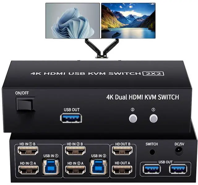 Vszerda 2 HDMI Port KVM Switch Dual Monitor with 3 USB 3.0 Ports HDMI KVM Switch for 2 Monitors 2 Computers Support 4K 60Hz Copy Extended Splicing Display Button Controller & 2 USB Cables Included