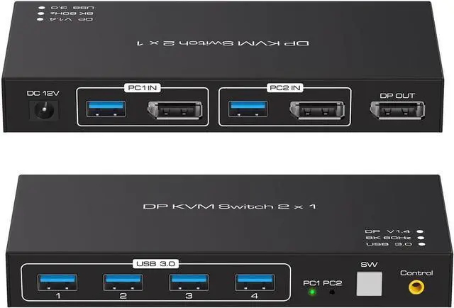 Vszerda 2 Port DisplayPort 2x1 DP KVM Switcher Switch DP 1.4 8K 60Hz Supports 4 Ports USB 3.0 Devices Control up to 2 DP Port Device with Wired Controller