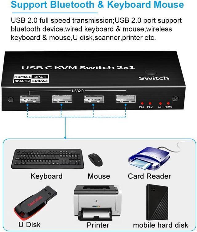 Vszerda 2x1 USB C KVM Switch 8K 60Hz 4K 120Hz 2 Port Type C KVM Switch For 2 Computers Share 1 Monitor (HDMI Or DP Output) USB C KCM With 4 USB 2.0 Ports 2 USB-C Cables Included