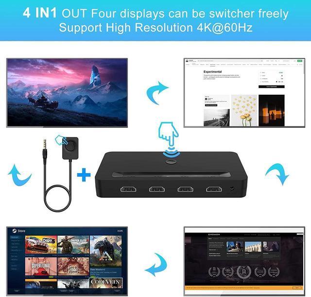 Vszerda 4K HDMI KVM Switch 4 Ports For 4 Computers Share One HD 4K Monitor 3 USB Devices Keyboard Mouse Printer 2 3.5mm Headphone Jack Including 4 HDMI Cable And 1 Remote Controller