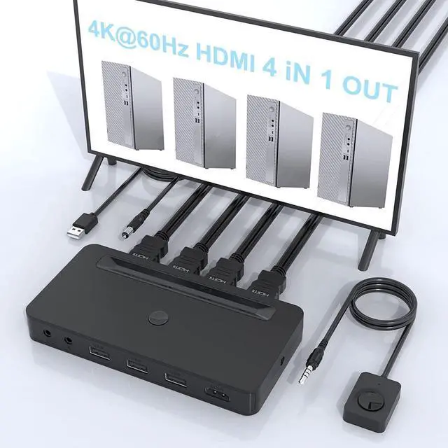Vszerda 4K HDMI KVM Switch 4 Ports for 4 Computers Share One HD 4K Monitor 3 USB Devices Keyboard Mouse Printer 2 3.5mm Headphone Jack Including 4 HDMI Cable and 1 Remote Controller