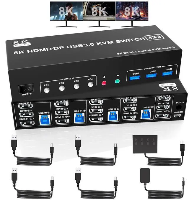 Vszerda 8K 60Hz 2 Displayport +HDMI USB3.0 KVM Switch 3 Monitors 4 Computers 2 DP 1.4 +HDMI 2.1 Triple Monitor KVM Switch with Audio Microphone +3 USB3.0 Ports Triple Monitor Keyboard Mouse Switcher
