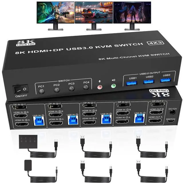 Vszerda 8K 60Hz Displayport +2 HDMI USB3.0 KVM Switch 3 Monitors 4 Computers 2 HDMI 2.1 + DP 1.4Triple Monitor KVM Switch with Audio Microphone +3 USB3.0 Ports Triple Monitor Keyboard Mouse Switcher