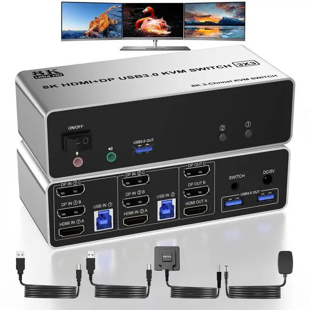 Vszerda 8K 60Hz KVM Switch 3 Monitors 2 Computers 8K HDMI+ 2 Displayport KVM with 3 USB 3.0 Port 2 Computer 3 Monitor KVM Switch with Audio Mic Keyboard and Mouse Switcher
