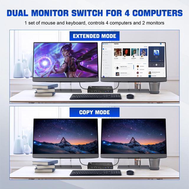 Vszerda 8K 60Hz USB 3.0 Displayport KVM Switch 2 Monitors 4 Computers Dual Monitor KVM Switch With Audio Output And 3 USB 3.0 Ports 4 Port Dual Monitor Displayport KVM Switch For 4 Computer