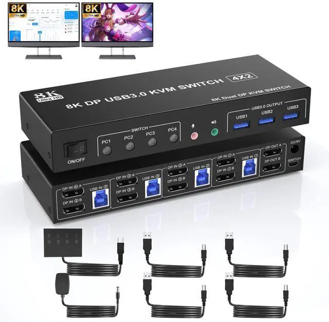 Vszerda 8K 60Hz USB 3.0 Displayport KVM Switch 2 Monitors 4 Computers Dual Monitor KVM Switch with Audio Output and 3 USB 3.0 Ports 4 Port Dual Monitor Displayport KVM Switch for 4 Computer