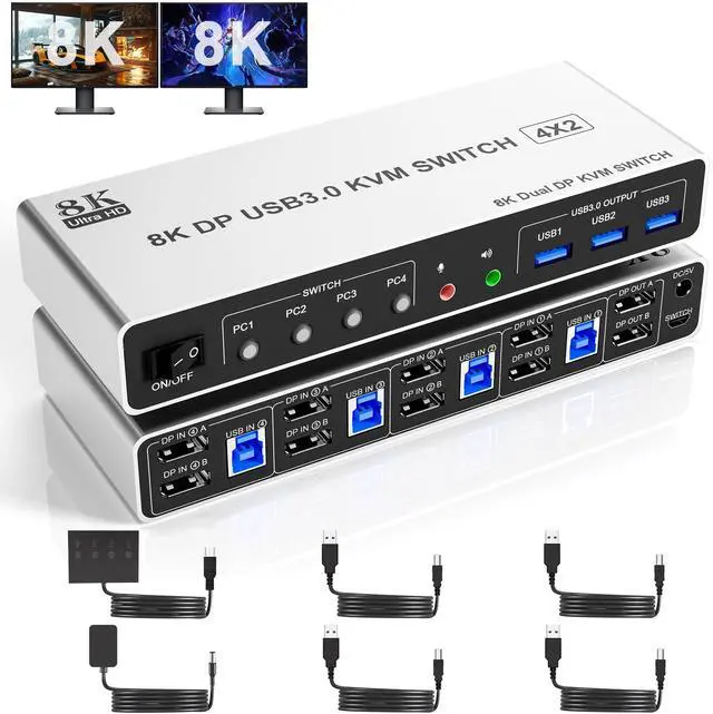 Vszerda 8K 60Hz USB3.0 Displayport KVM Switch 2 Monitors 4 Computers 4 Port DP1.4 Dual Monitor Displayport KVM Switch with Audio Microphone and 3 USB3.0 Dual Monitors Displayport KVM Switch for 4PCs