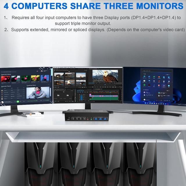 Vszerda 8K 60Hz USB3.0 DisplayPort KVM Switch 3 Monitors 4 Computers DP1.4 Triple Monitor KVM Switch With Audio Microphone Output And 3 USB3.0 Ports Black Manual Switch