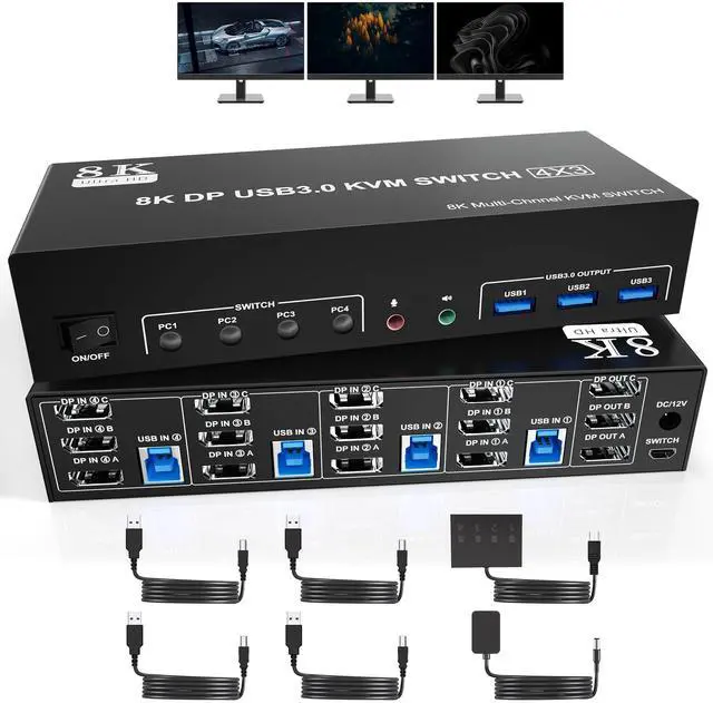 Vszerda 8K 60Hz USB3.0 DisplayPort KVM Switch 3 Monitors 4 Computers DP1.4 Triple Monitor KVM Switch with Audio Microphone Output and 3 USB3.0 Ports Black Manual Switch